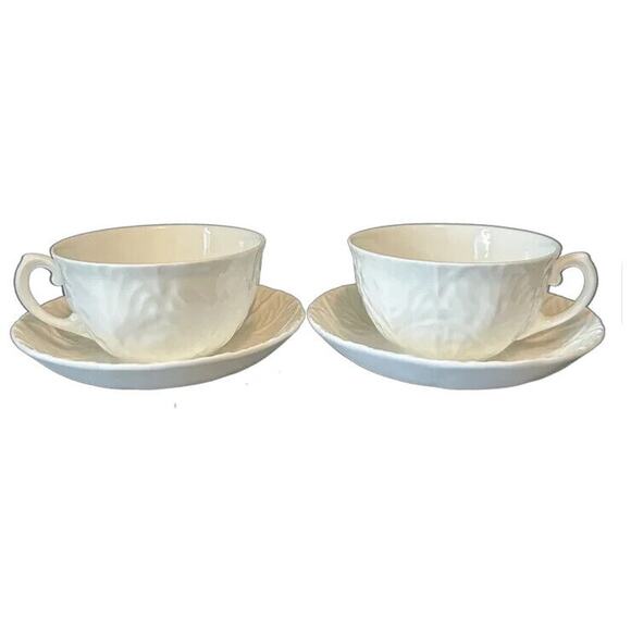 WEDGWOOD Countryware Flat Cup &Saucer Set of 2 All White Embossed Leaves No Trim - Picture 1 of 13